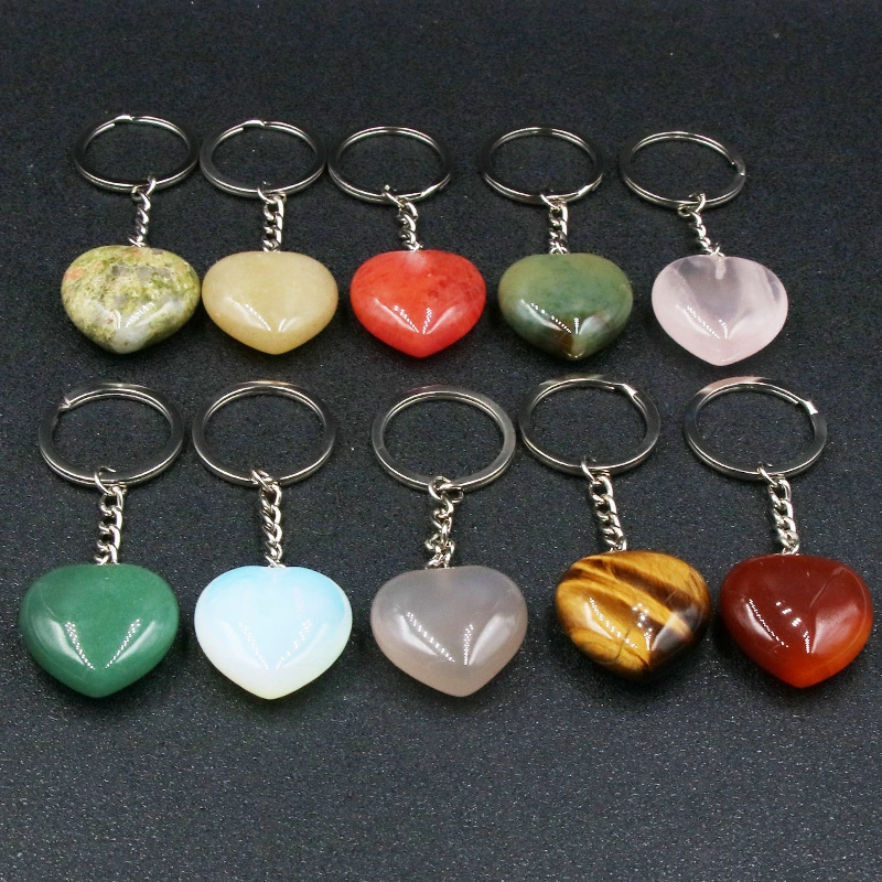 Semi Precious Stone Heart Natural Stone Beads Crystal Fluorite Gold Heart Key Chain Pendant